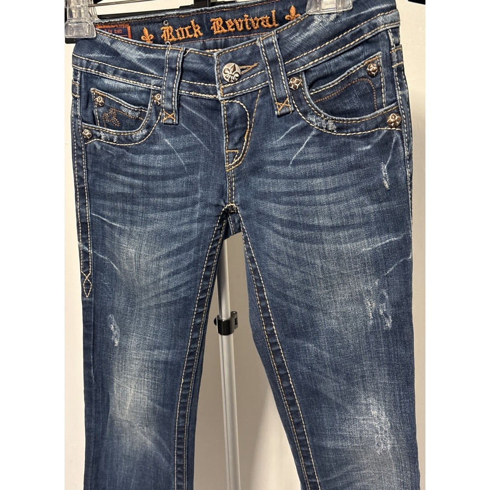 Rock Revival Jeans Womens 25 Noelle Boot Rhinestone Pockets Distressed Denim - Picture 9 of 12